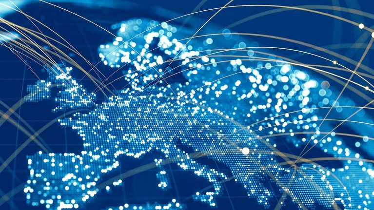 Blue globe viewing from space at night with connections between cities