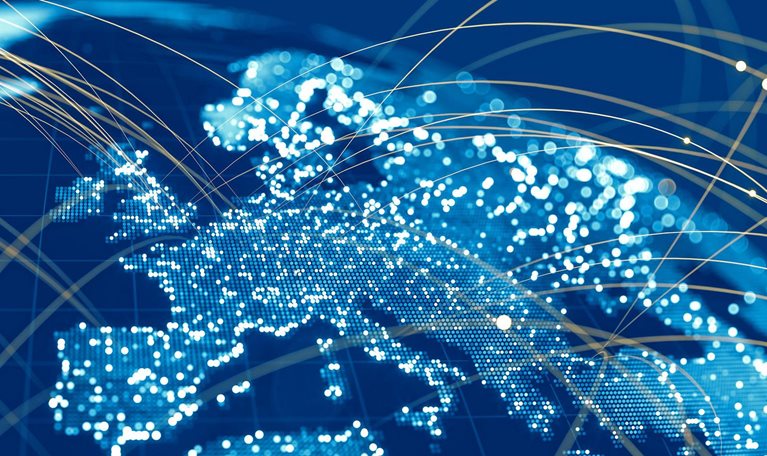 Blue globe viewing from space at night with connections between cities