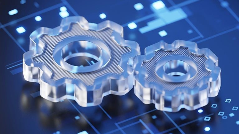 Gears 3d symbol on abstract digital background. Working, solution, teamwork, processing concept.