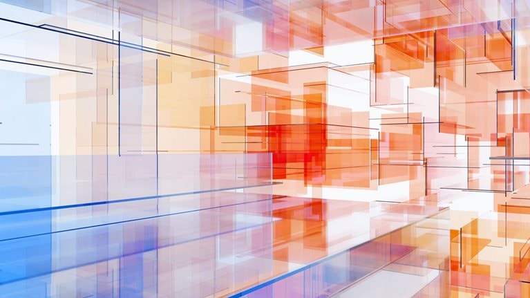 An abstract space made up of translucent rectangular panels in shades of blue and orange, with the orange hue concentrated at the furthest point and gradually shifting to blue.