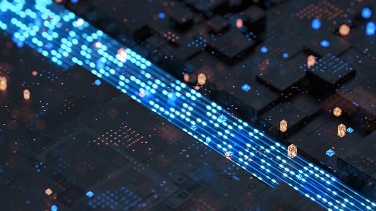 3D rendering of rapidly flowing particle data. Blue technological lines in a smart city.