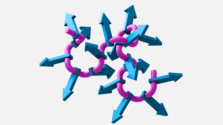 A cluster of blue arrows points in multiple directions, each connected by interlocking purple tubes.