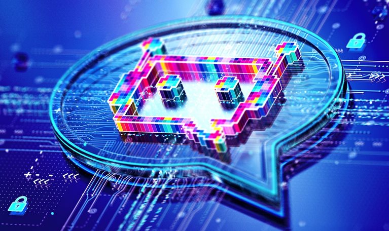 Image of an AI chatbot inside a digital 3d comment shape.