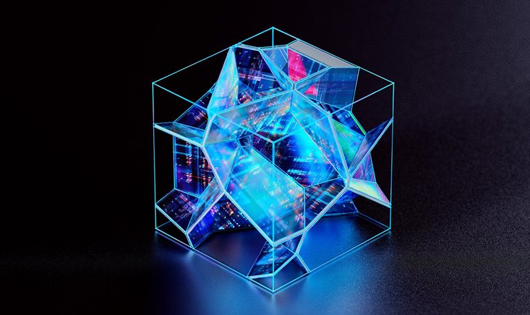 Isometric view of a translucent cube-shaped block with blue glowing futuristic data flowing inside.