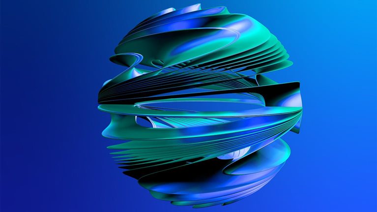 A 3D image of a glossy turbine-like spherical structure with thin vanes and smooth, bulbous shapes.