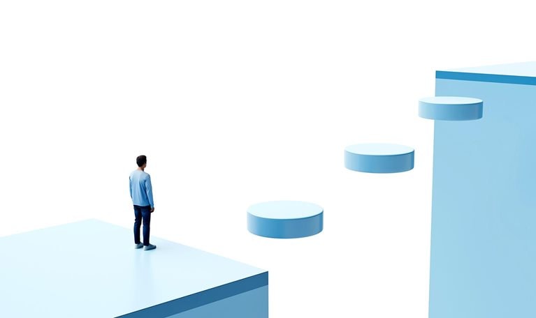 Conceptual image of a person in a blocky 3D environment, standing at the edge of a chasm with floating disks forming a walkway across.
