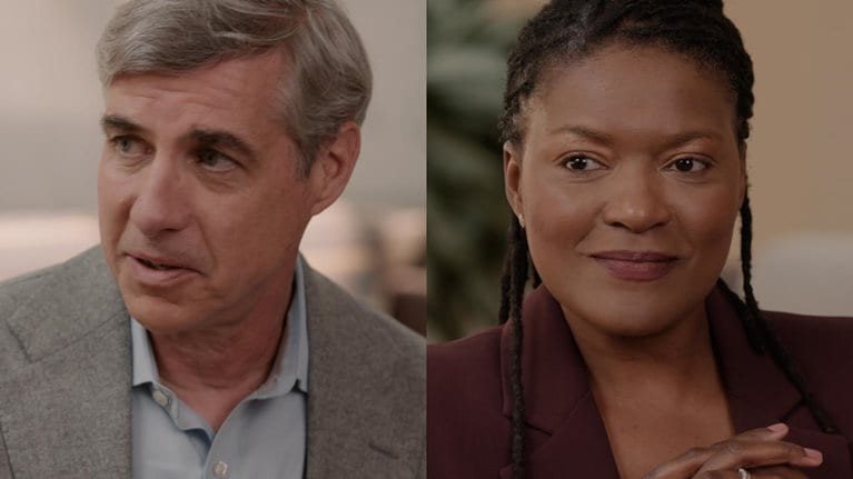 Stills from a video interview with Mastercard President and Chief Technology Officer Ed McLaughlin and Executive Vice President of People and Capability for Technology Charman Hayes