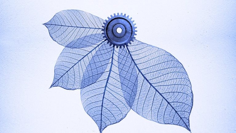 Four overlapping leaves are powered by a mechanical gear