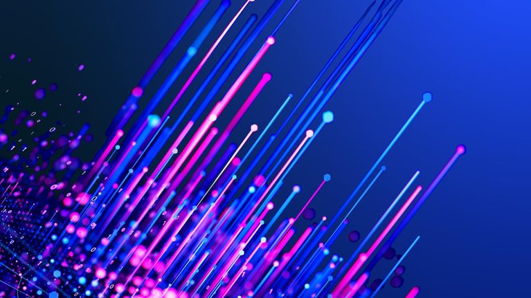 An abstract digital illustration featuring glowing blue and pink light streaks rising upward against a dark blue gradient background.