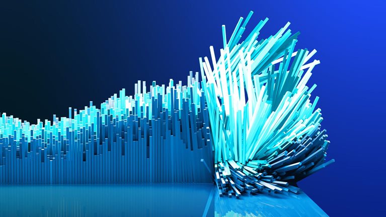 An 3D image of a bar graph exploding forward at an inflection point.