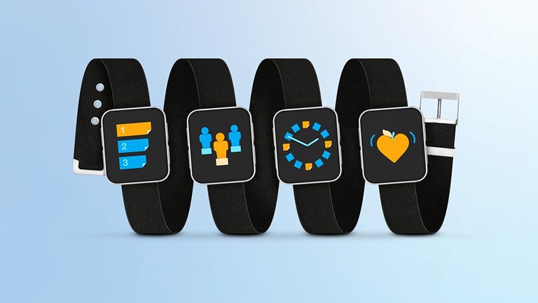 Four smartwatch dials are mounted on a single leather wristband. Dial one features an icon representing Priorities, dial two an icon for Roles, dial three an icon for Time Management, and dial four an icon symbolizing Energy and Wellbeing.