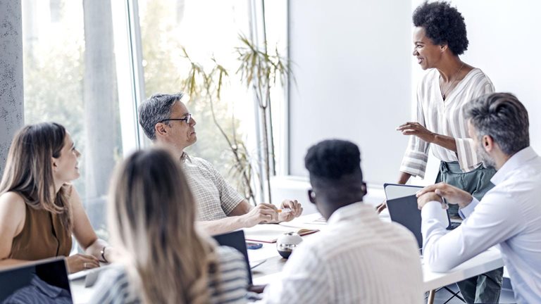 A group of diverse individuals engaged in a business meeting.