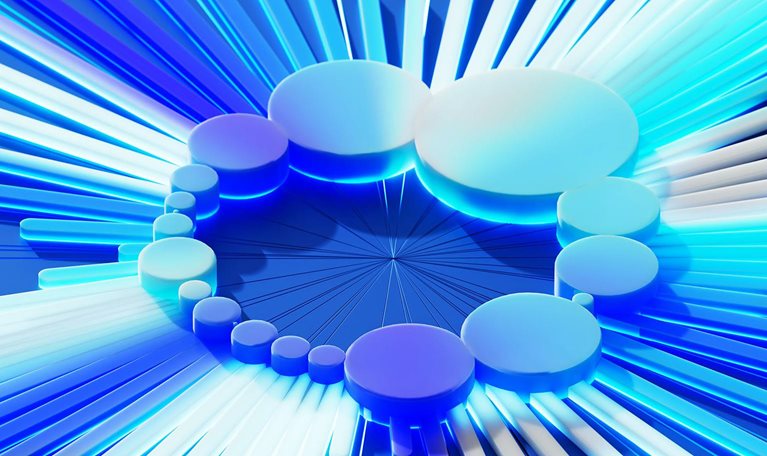 Abstract circular arrangement of glowing shapes with radiating blue light beams.