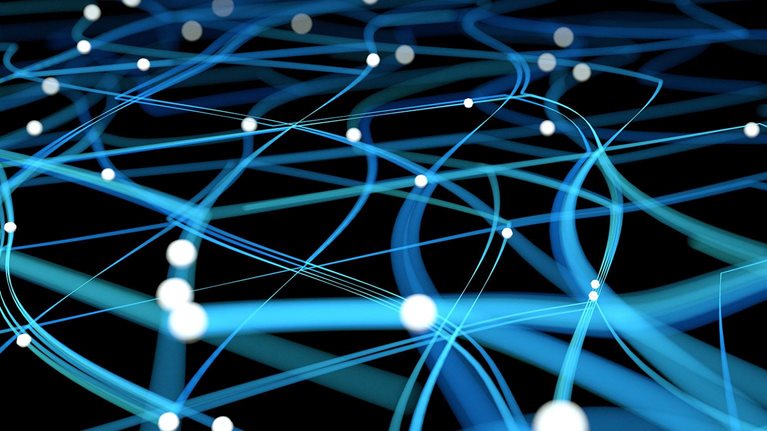 Computer Neural Network Concept Image. Bright dots connected by glowing lines.