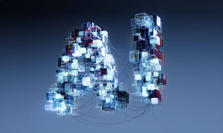 Two letters A (for artificial) and I (for intelligence) made from transparent and glowing cubes connected by wires are floating against a dark background.