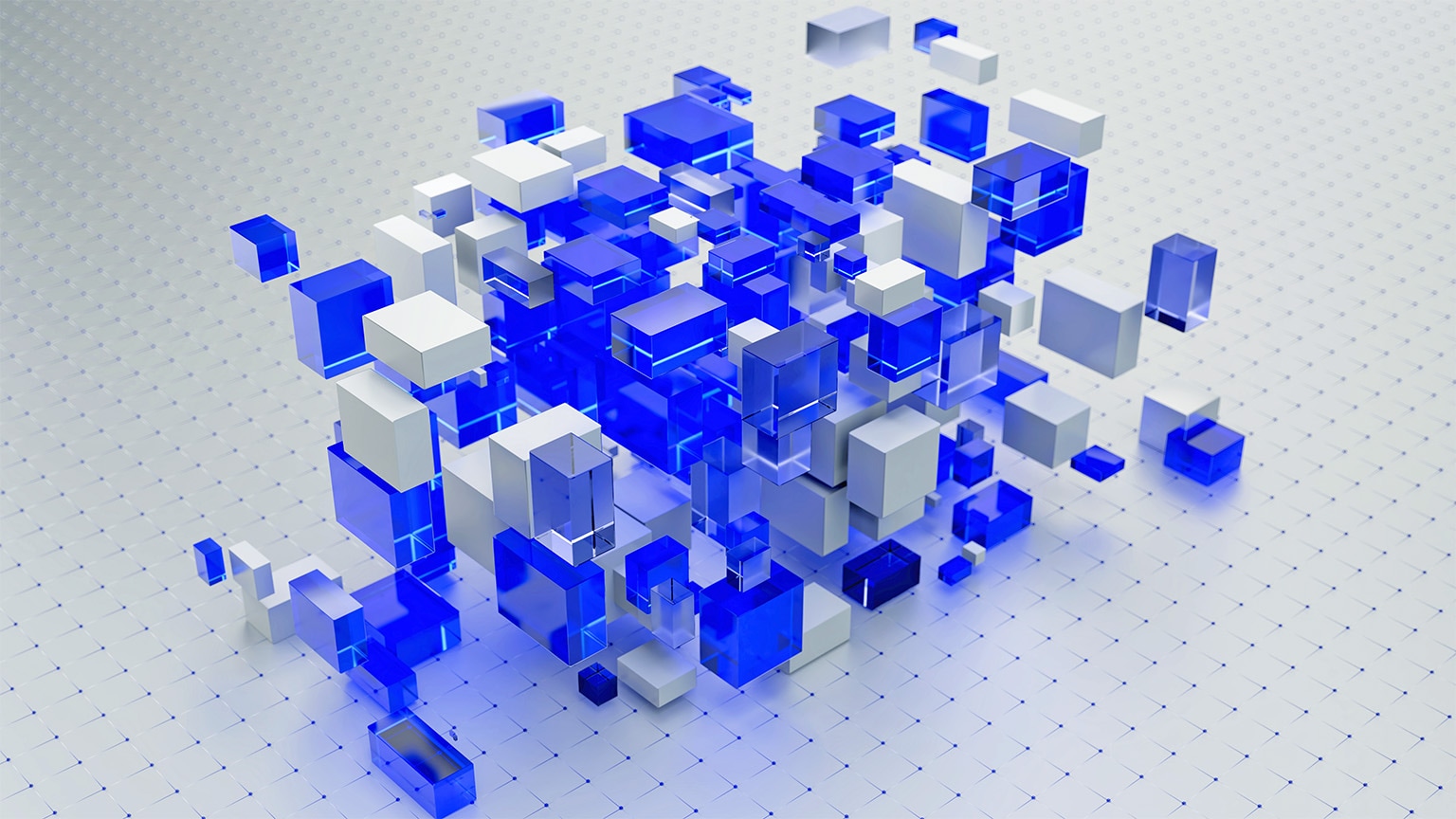 Digitally generated image of blue and white glass cubes connecting between each other