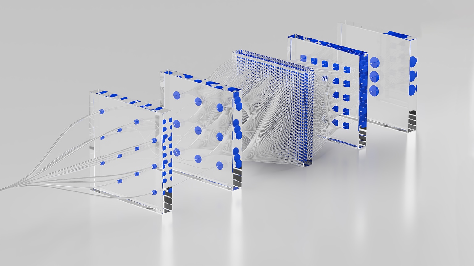 Digitally generated image of four glass panels linked by a web of wires, conveying the idea of a seamless exchange