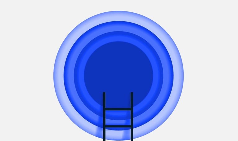 A portal constructed from stacked circles is visible against a light gray background. A ladder is propped against the central circle.