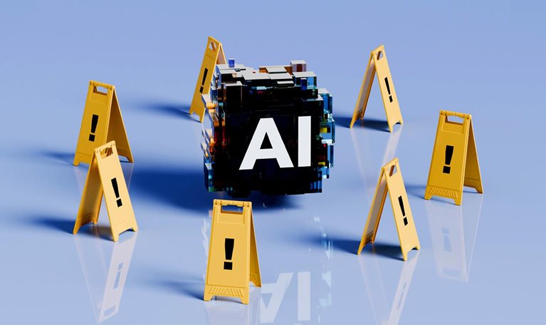 In the center is a block of cubes that says “AI,” surrounded by yellow safety cones, each marked with an exclamation point.