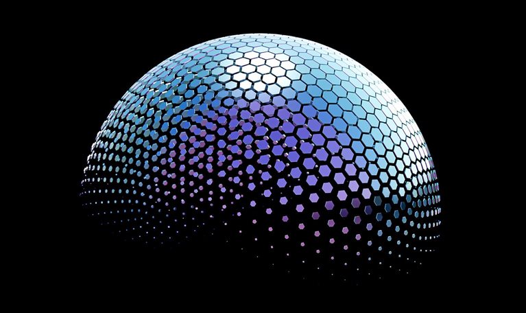 A simple and abstract image of a blue, iridescent sphere made up of hexagonal shapes against a black background.