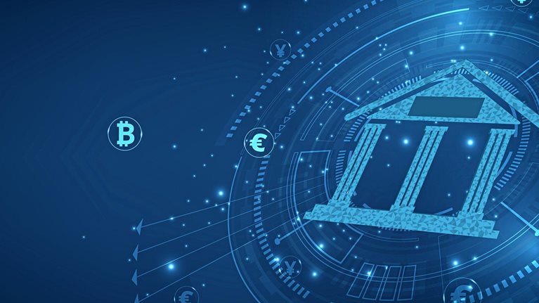 Isometric illustration of bank on dark blue technology background