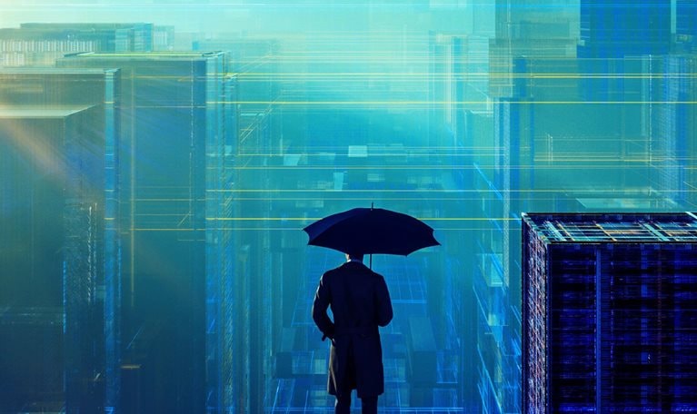 A lone figure in an overcoat and holding an umbrella stands on a rooftop gazing out at a futuristic cityscape with glowing lines and abstract buildings. The color palette is dominated by shades of blue, with the sun's rays piercing through the misty atmosphere.