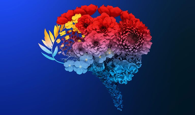 Various flowers, each distinct in kind and color, form the intricate silhouette of a human brain. Above it, a delicate butterfly prepares to land upon this blossoming formation.