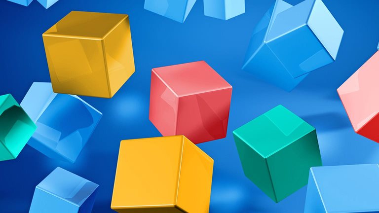  3D rendering of mostly blue colored cubes flying through the air. Six of the cubes are different colors.