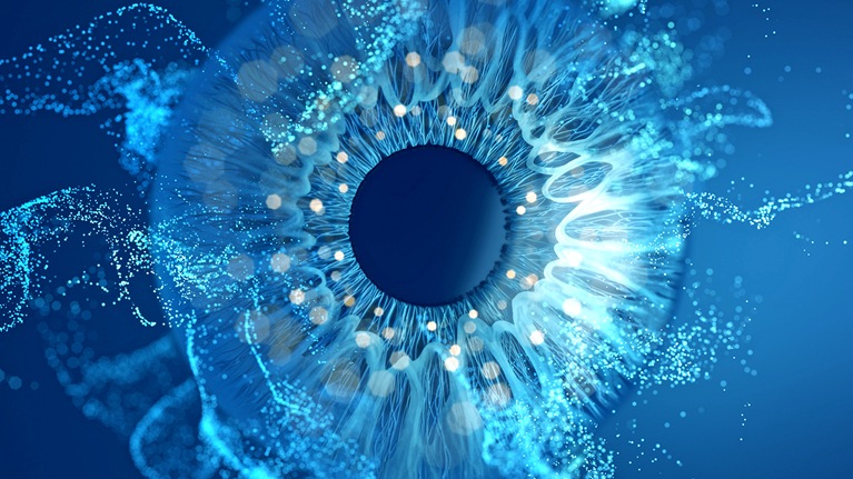 Eye biometrics and particle on a dark blue background