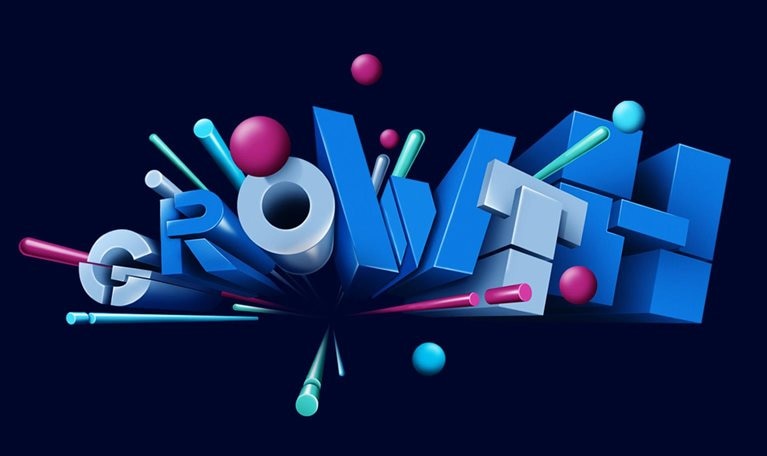 The word GROWTH rapidly scales up to fill the entire screen. Each letter is built from multiple geometric shapes, nudged together to create a bold and dynamic structure. As it scales up, surrounding spheres and cylinders grow and shift in tandem, adding energy and movement.