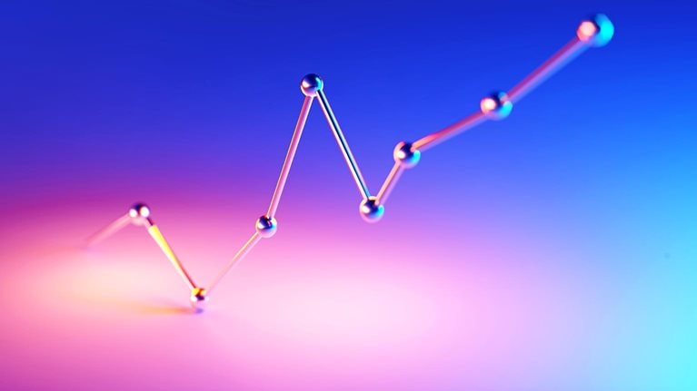 Single line graph illuminated by blue and magenta lights on blue and magenta background.