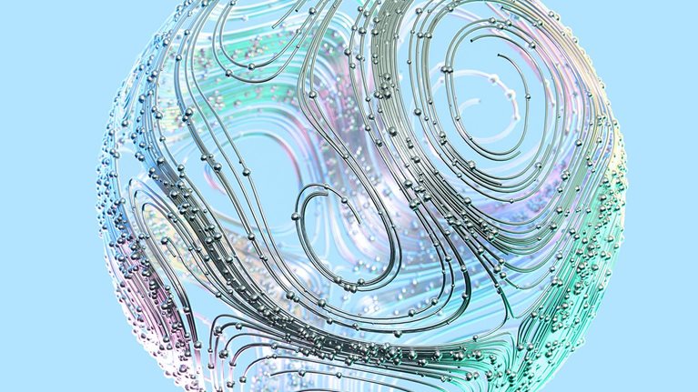 Digital generated image of multicoloured sphere made out of twisted turbulent spline connections