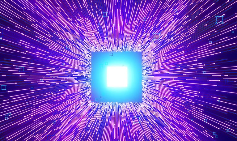 The image shows a glowing square in the center, surrounded by a burst of purple and blue lines radiating outward like an explosion. Small blue squares are scattered throughout the image.