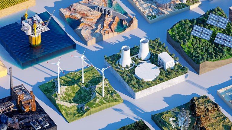 Digital generated image of multiple environmental rectangular cross sections with different types of energy supply. Sustainable city concept.