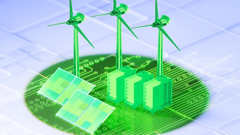 A computer network is topped with a 3D rendering of solar panels and wind turbines, along with energy storage.