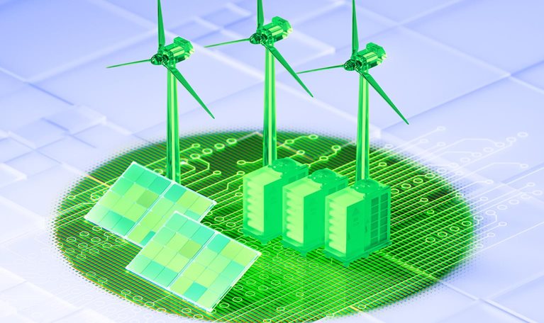 A computer network is topped with a 3D rendering of solar panels and wind turbines, along with energy storage.