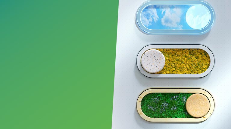 Digital generated image of sustainable horizontal bar graph opening grass, flowers, and sky environment.