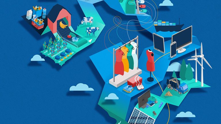 Island of retail items on path to sustainable resources - illustration