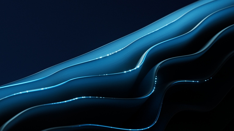 Abstract image: flowing blue waves with glowing edges on a dark background.