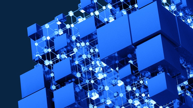 Abstract digital illustration: large blue cubes linked by a luminous grid of nodes on a dark background.
