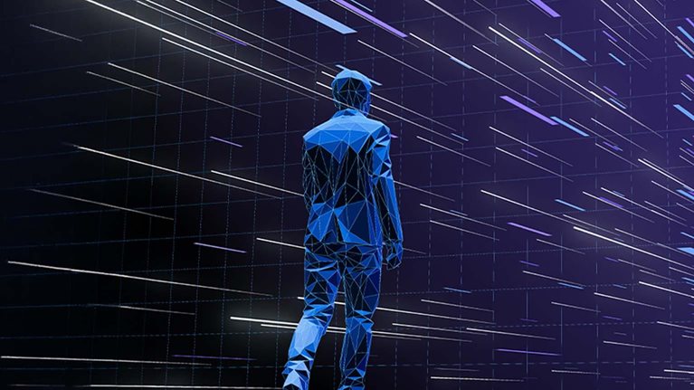 The image features a low-poly or digital mesh man walking away into a dark space filled with glowing blue and white lines.