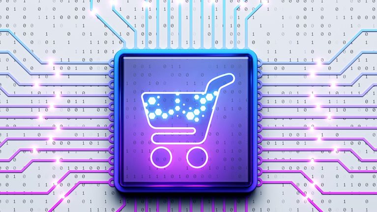 A glowing neon shopping cart icon embedded in the center of a microchip, with luminous circuit lines radiating outward in blue and purple tones.