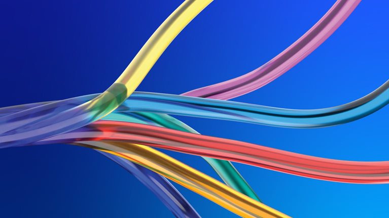 3D image of colorful wires twisting together into a blue wire.