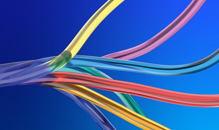 3D image of colorful wires twisting together into a blue wire.