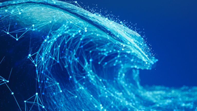 Visualization of an ocean wave created with glowing network nodes and lines on a deep blue background.