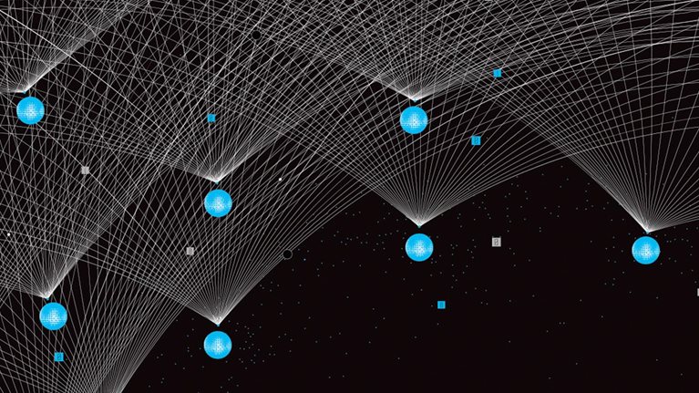 A complex network of fine white lines creating intricate, web-like patterns against a black, star-like background. Bright blue textured spheres are positioned as nodes within this digital structure, with the lines radiating from them.
