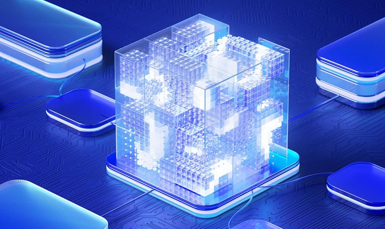 Abstract image of a glowing cube connected to multiple glowing platforms on a blue background