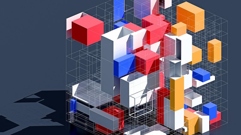 Abstract 3D composition of colorful geometric blocks arranged within a transparent wireframe cube on a dark reflective surface.