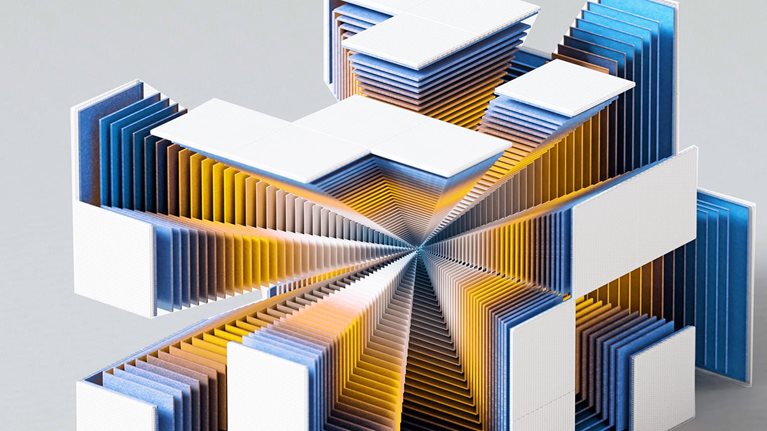 Digital generated image of a futuristic cube exploding into colorful layers