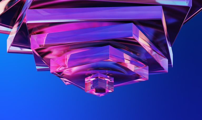 Abstract iridescent glass forms emerge from the bottom, gradually increasing in scale and spiraling upward, creating a sense of growth, fluidity, and momentum.